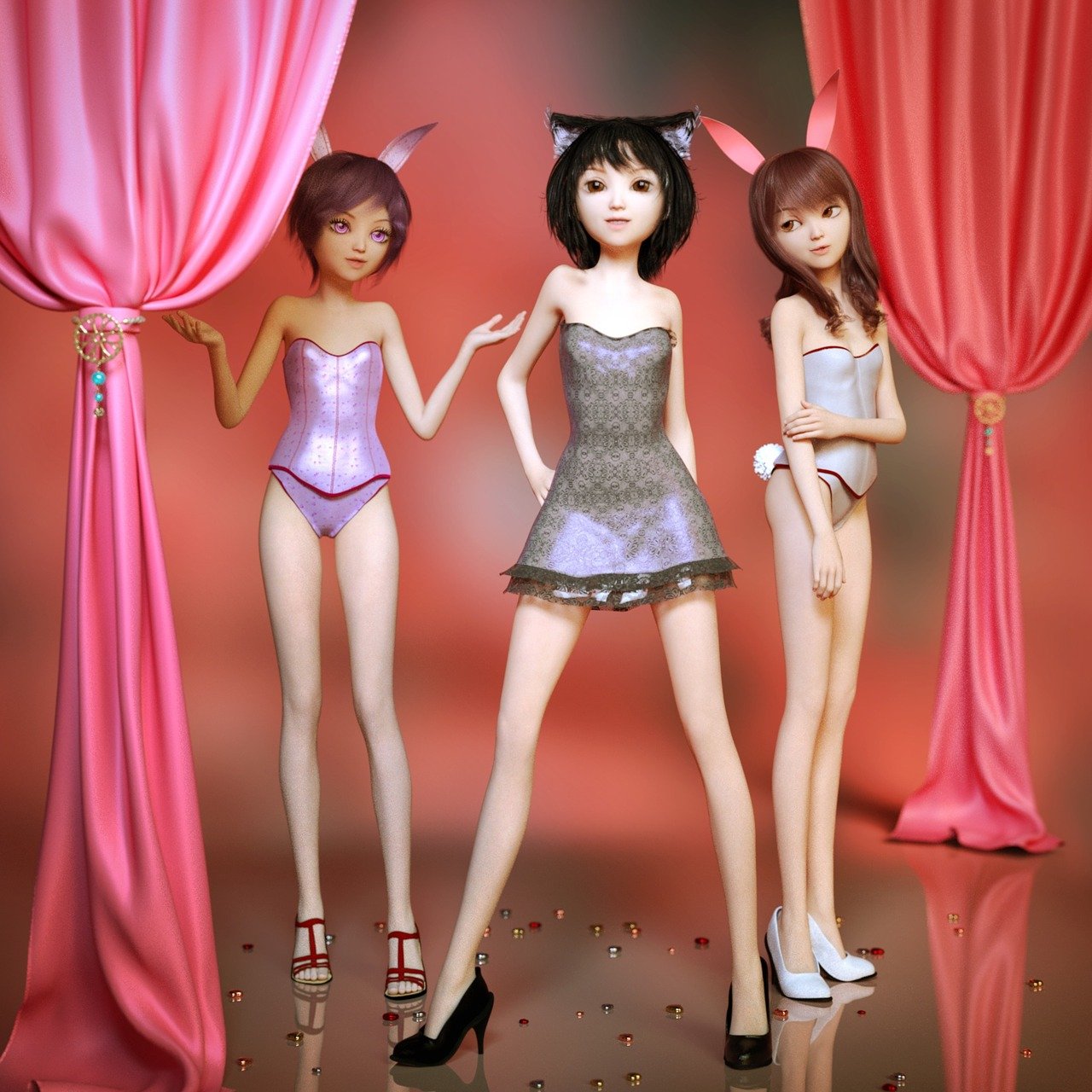 a group of three women standing next to each other, a 3D render, pop surrealism, bunny girl, silk, pixie, cut-scene