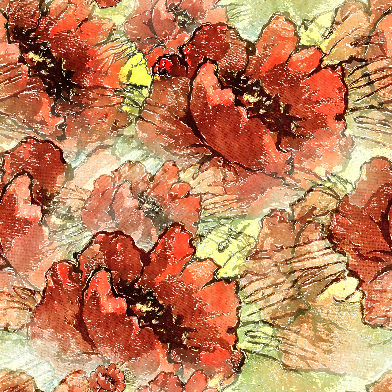 a painting of a bunch of red flowers, a digital painting, inspired by Mikhail Vrubel, carved marble texture silk cloth, cartoon digital painting, poppy, chinese painting style