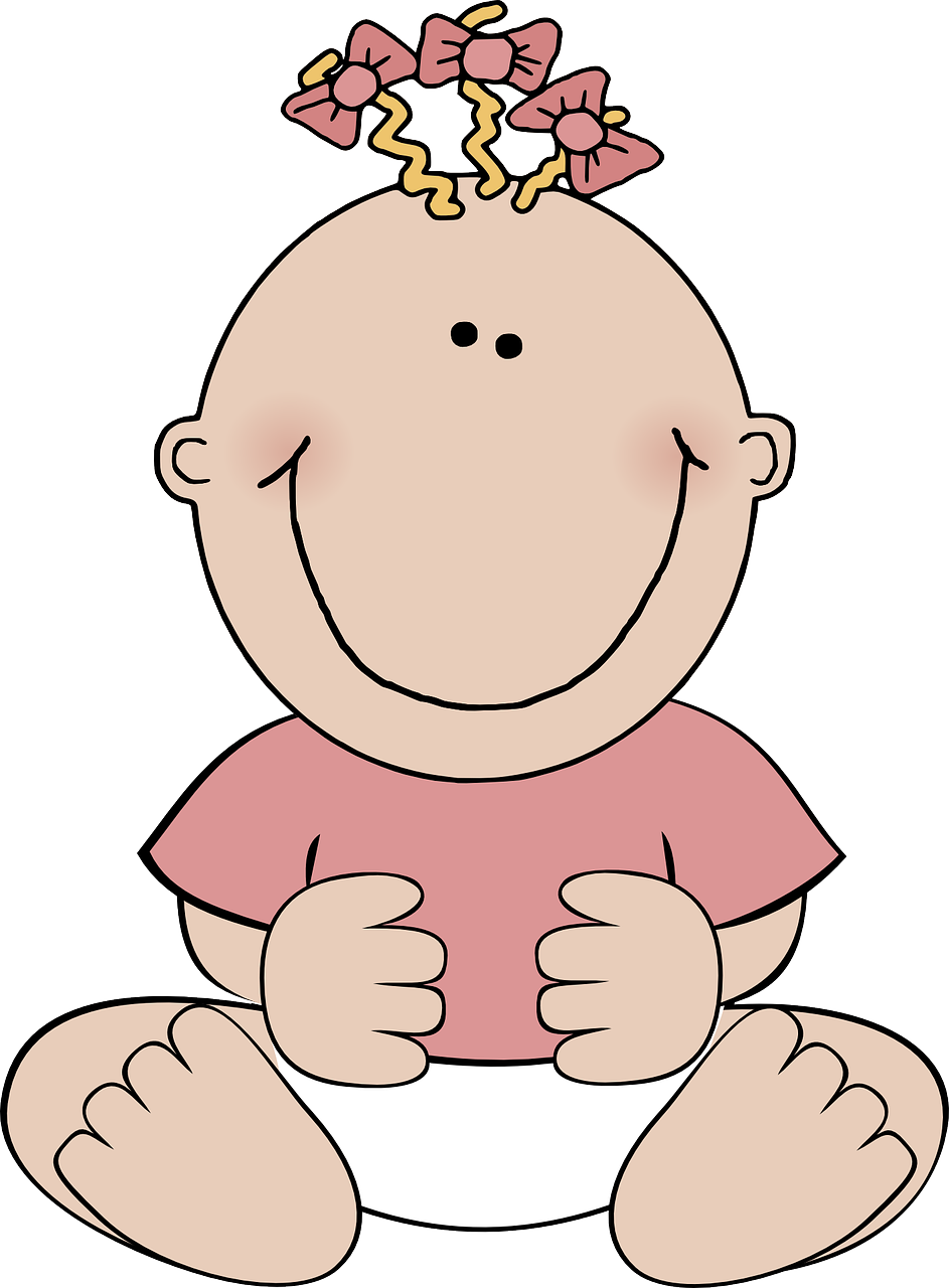 a baby girl with a bow on her head, a digital rendering, pixabay, bald man, sitting with wrists together, simple cartoon style, [[[[grinning evily]]]]