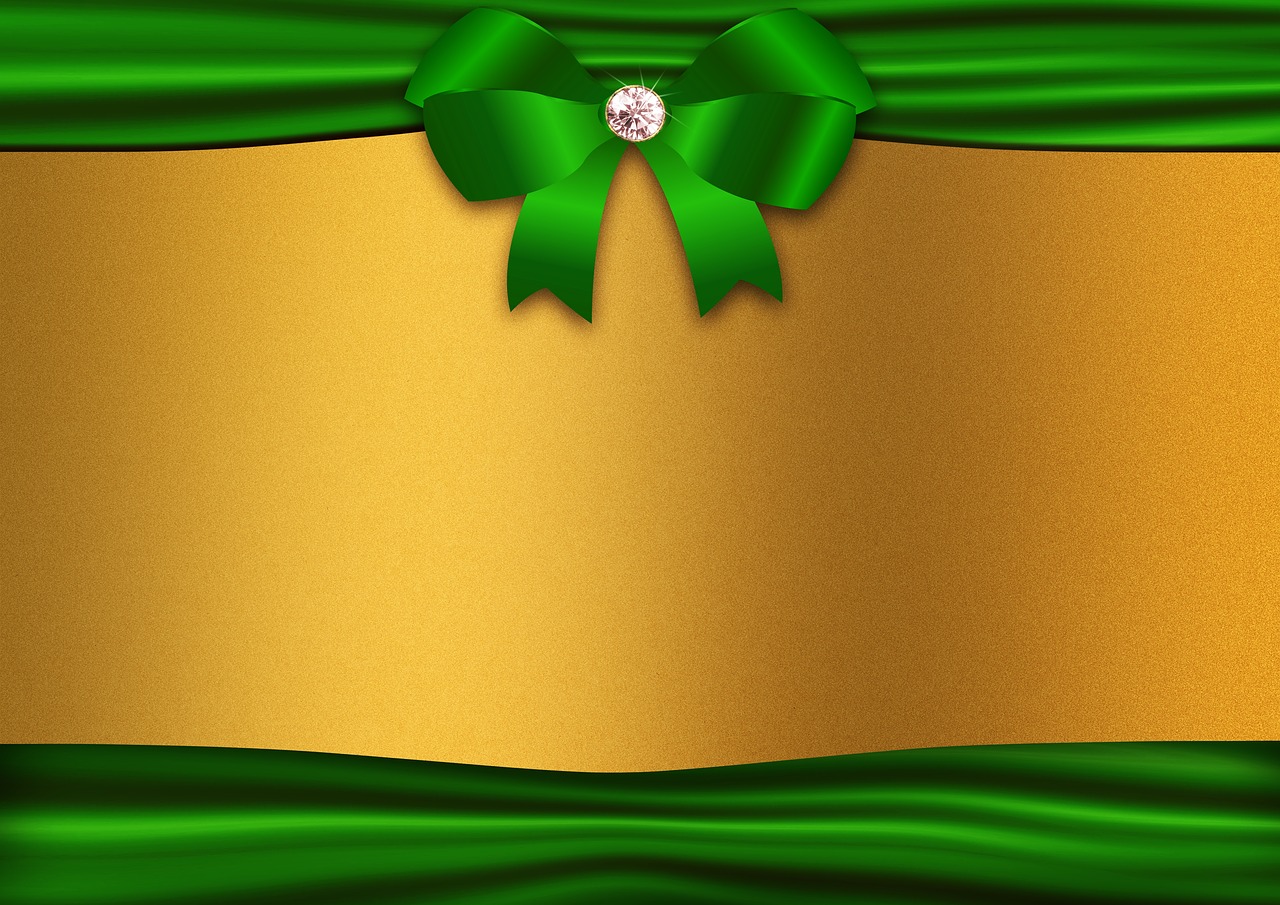 a green and gold background with a bow, a digital rendering, gold linens, closeup photo, half body photo