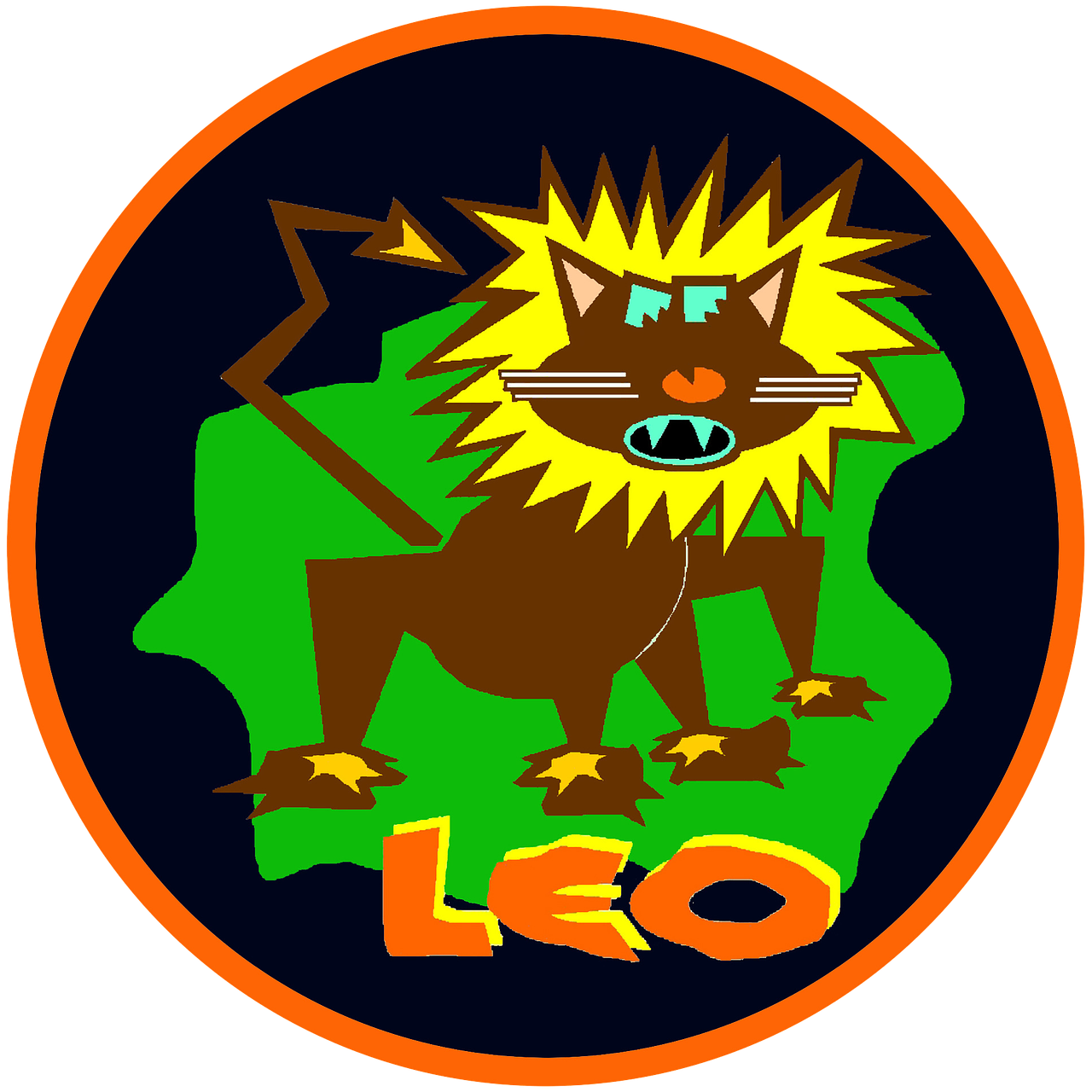a cat that is standing in the grass, a cartoon, inspired by Leo Leuppi, neo-primitivism, round logo, zodiac signs, orange and green power, on jungle night !!!