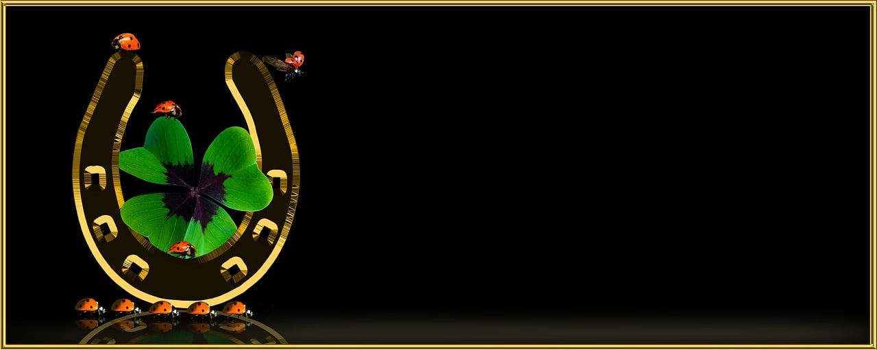 a st patrick's day card with clovers and ladybugs, a screenshot, by Kuno Veeber, deviantart, digital art, black oled background, gold framed, race track background, curving black