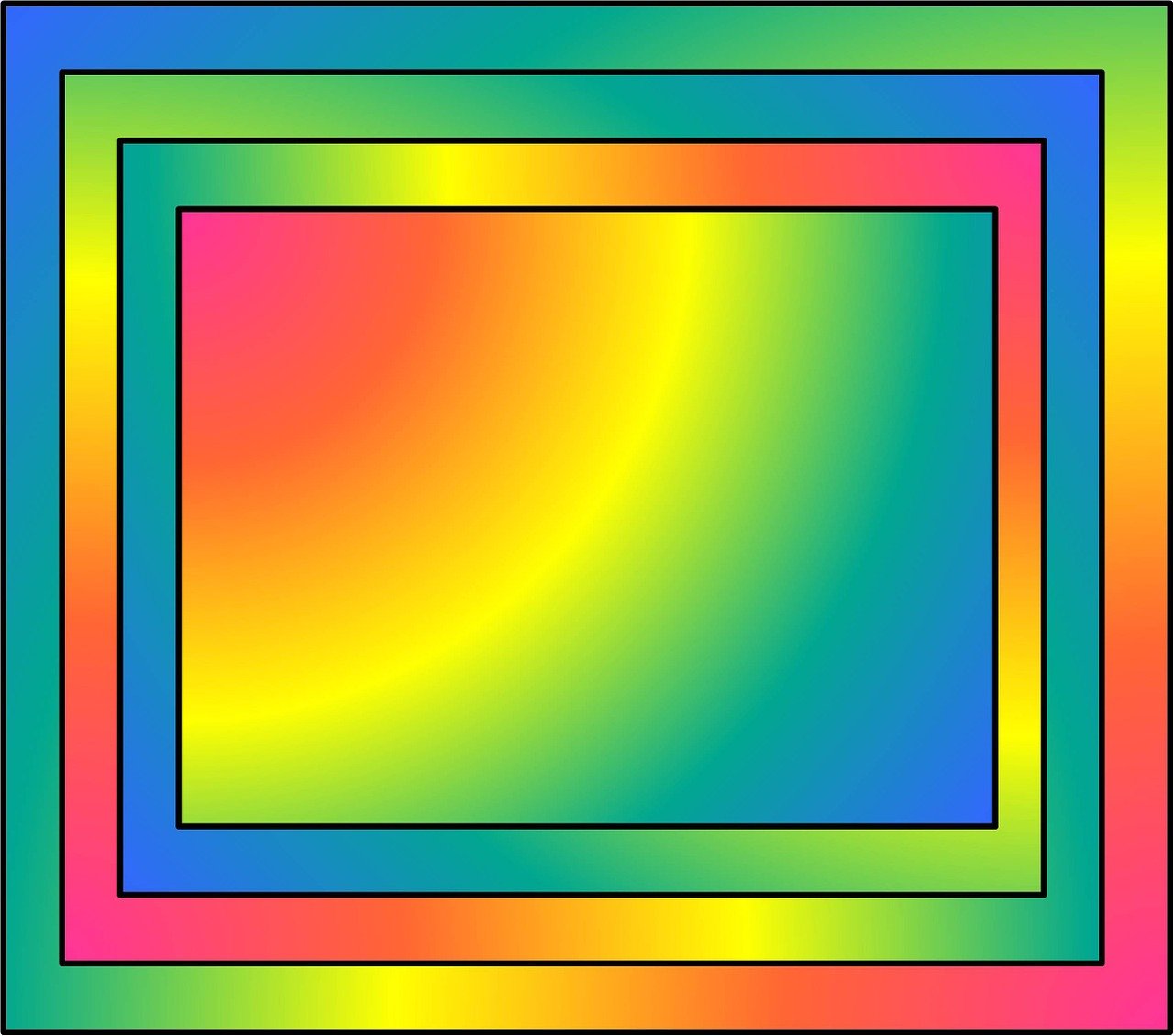 a rainbow colored square with a black border, a computer rendering, color field, multicolored vector art, frame around pciture, colorful and psychedelic, 3 colour