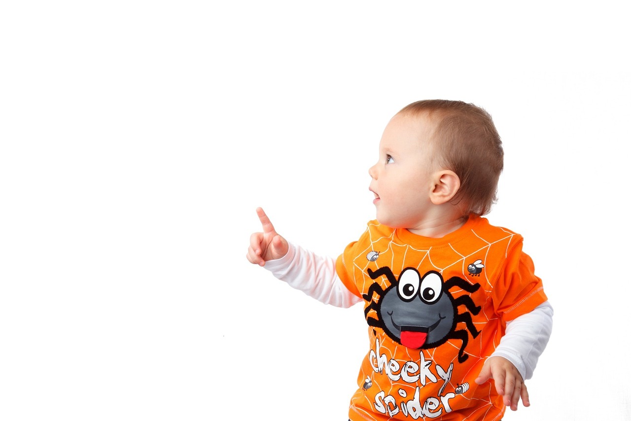a baby pointing at a spider on an orange shirt, official product photo, antasy character, in a halloween style, wearing a t-shirt