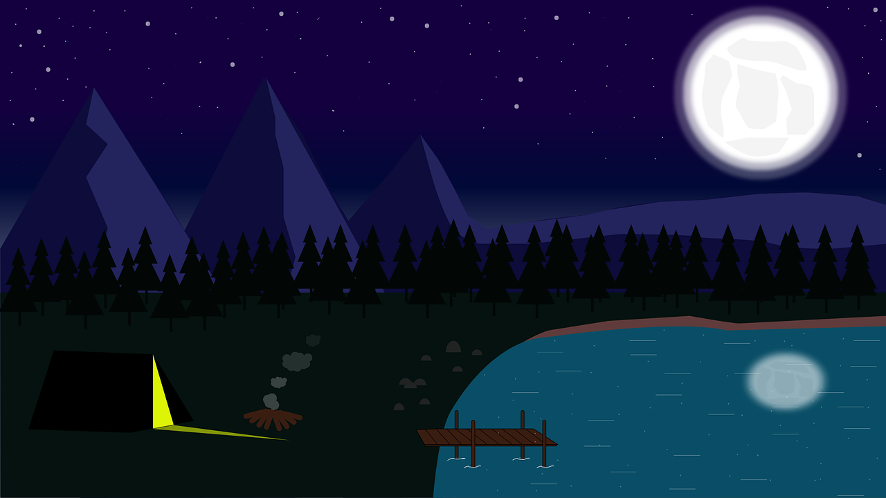 a night scene with a campfire and a full moon, vector art, inspired by Luigi Kasimir, deviantart contest winner, landscape wide shot, river and trees and hills, middle shot, background(solid)