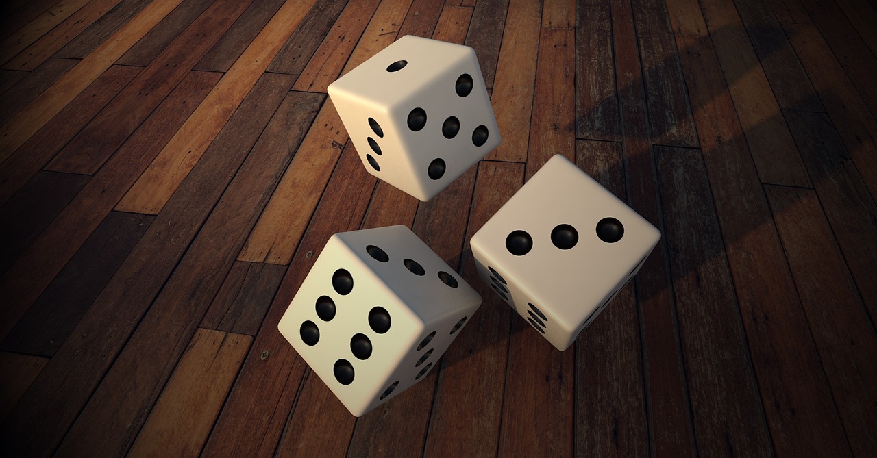 three white dice sitting on top of a wooden floor, by Daniel Ljunggren, digital art, random positions floating, six sided, rendered in arnold engine, las vegas
