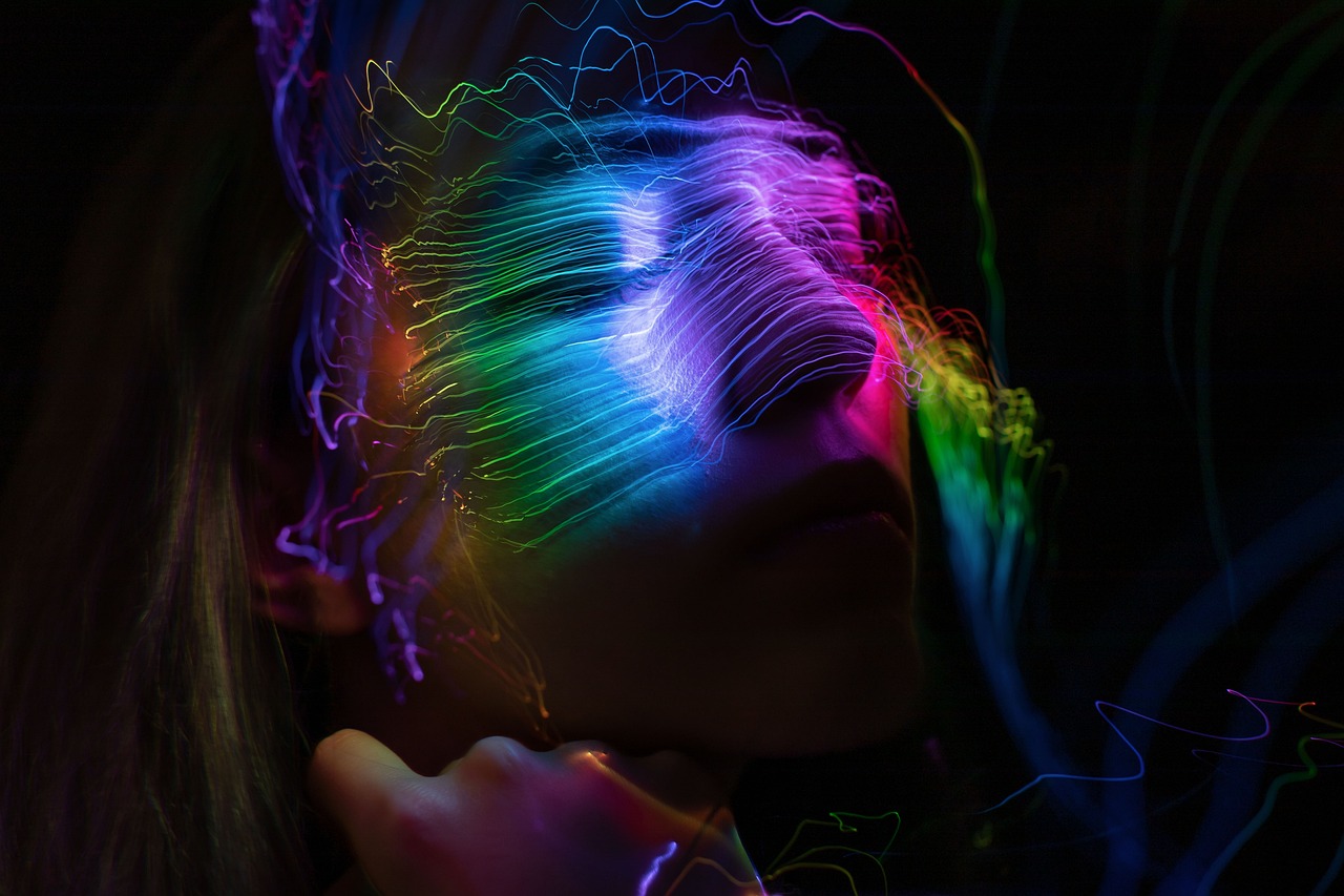 a close up of a person with neon hair, by Jan Rustem, holography, cinematic lightning and colors, dreaming face, light lines, electric woman