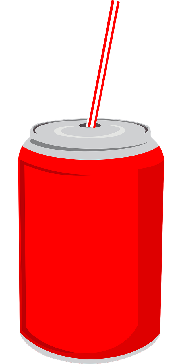 a soda can with a straw sticking out of it, vector art, inspired by Dorothy Coke, pixabay, red and black colors, phone photo, stock photo, with a black background