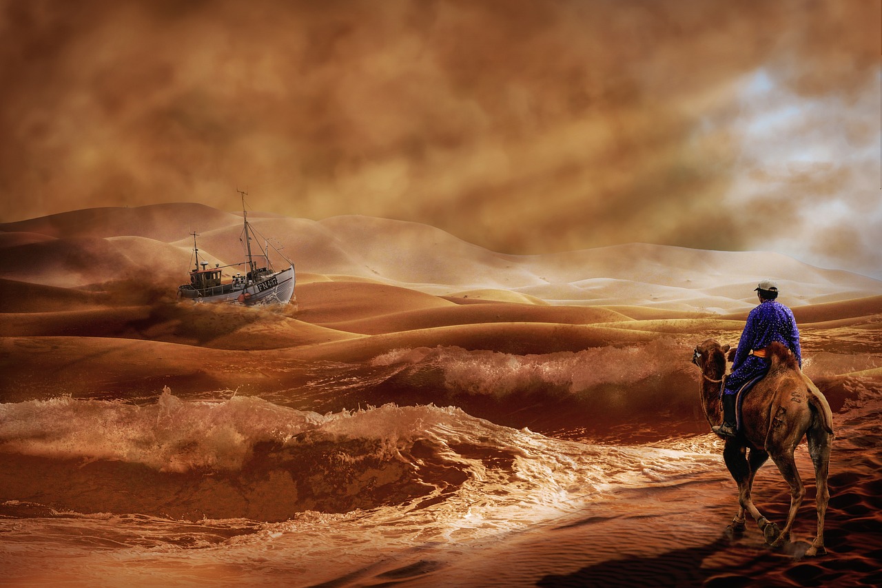 a man riding on the back of a brown horse, inspired by Ivan Aivazovsky, cg society contest winner, digital art, sand sea, portrait of a sunken ship, background image, sand storm enters