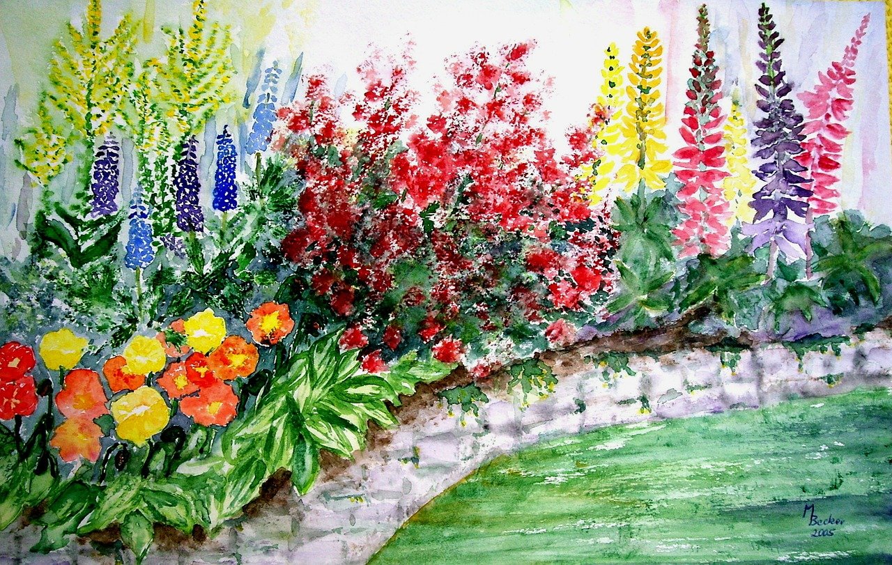 a painting of colorful flowers in a garden, a watercolor painting, flickr, gardens with flower beds, beautiful border, bottlebrush, water color on paper