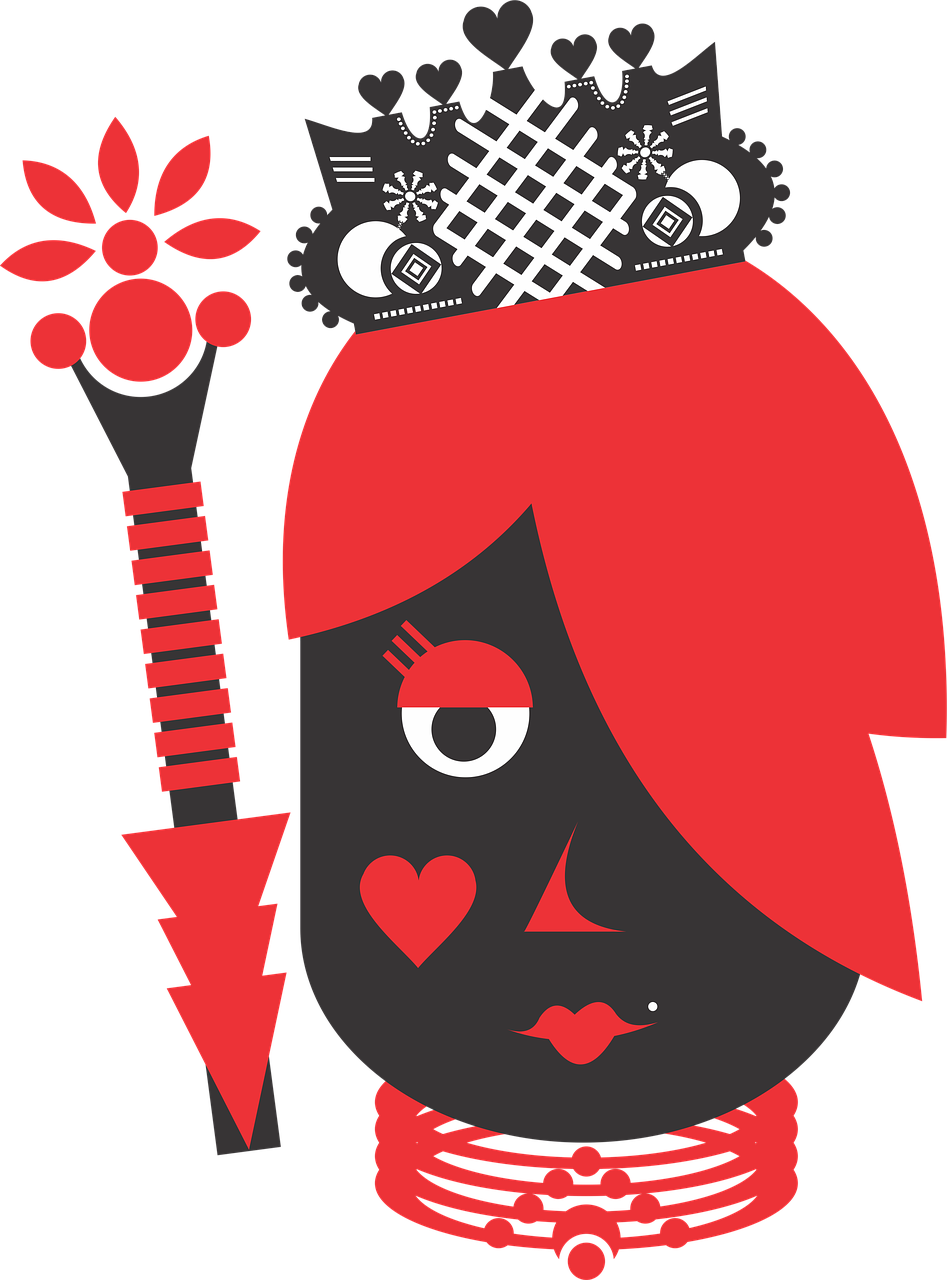 a woman with red hair and a crown on her head, vector art, inspired by Tom Whalen, toyism, black and red color scheme, alice, heart, screencap