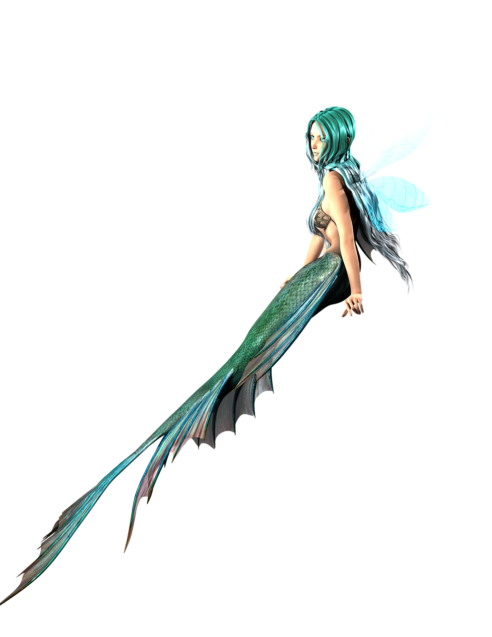 a woman dressed as a mermaid flying through the air, a raytraced image, zbrush central contest winner, hurufiyya, side view of a gaunt, (((dragonfly))), with long turquoise hair, fbx
