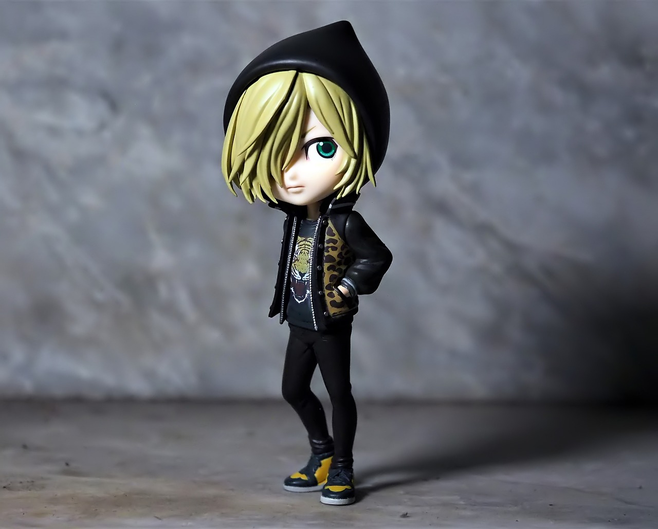 a close up of a figurine of a person, a picture, pixiv, young blonde boy fantasy thief, wearing jeans and a black hoodie, fullbody photo, chibi style