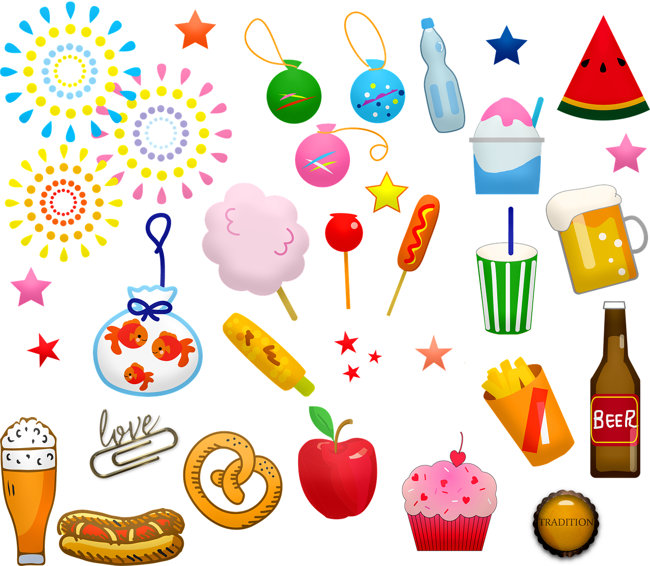 a bunch of food and drinks on a black background, vector art, by Nishida Shun'ei, pop art, [ fireworks in the sky ]!!, game icon asset, toy package, picnic