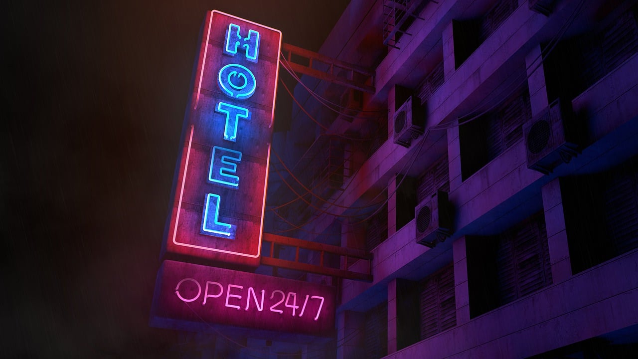 a neon hotel sign lit up at night, cyberpunk art, by Mike Winkelmann, digital art, year 2447, neon operator, soft neon purple lighting, post - apocalyptic vibe