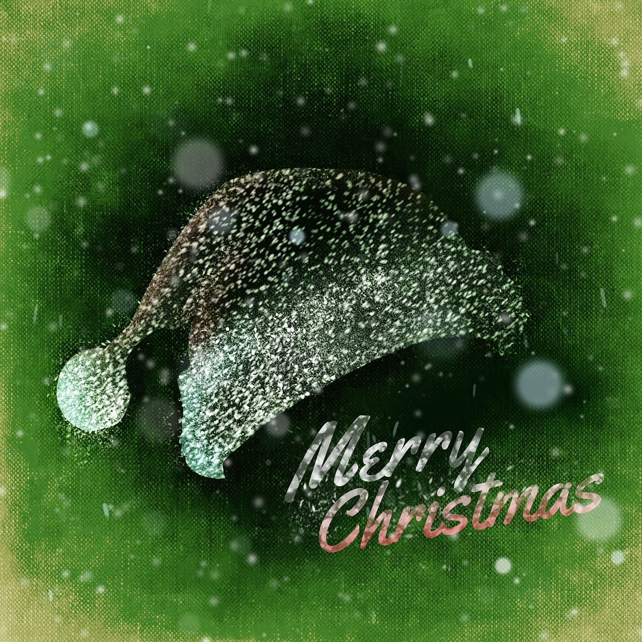 a green and white christmas card with a santa hat, shutterstock, digital art, texturized, sparkly, high quality product image”