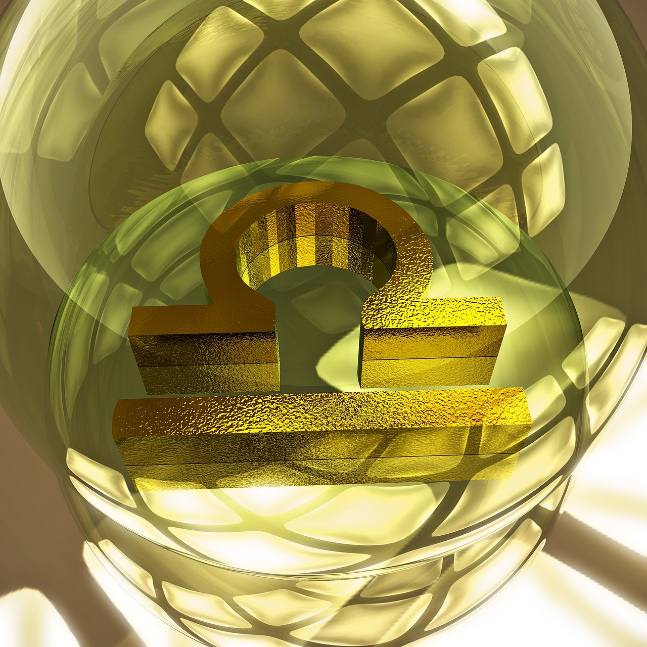 a glass bowl sitting on top of a table, a digital rendering, digital art, libra symbol, accented in bright metallic gold, keyhole, ball