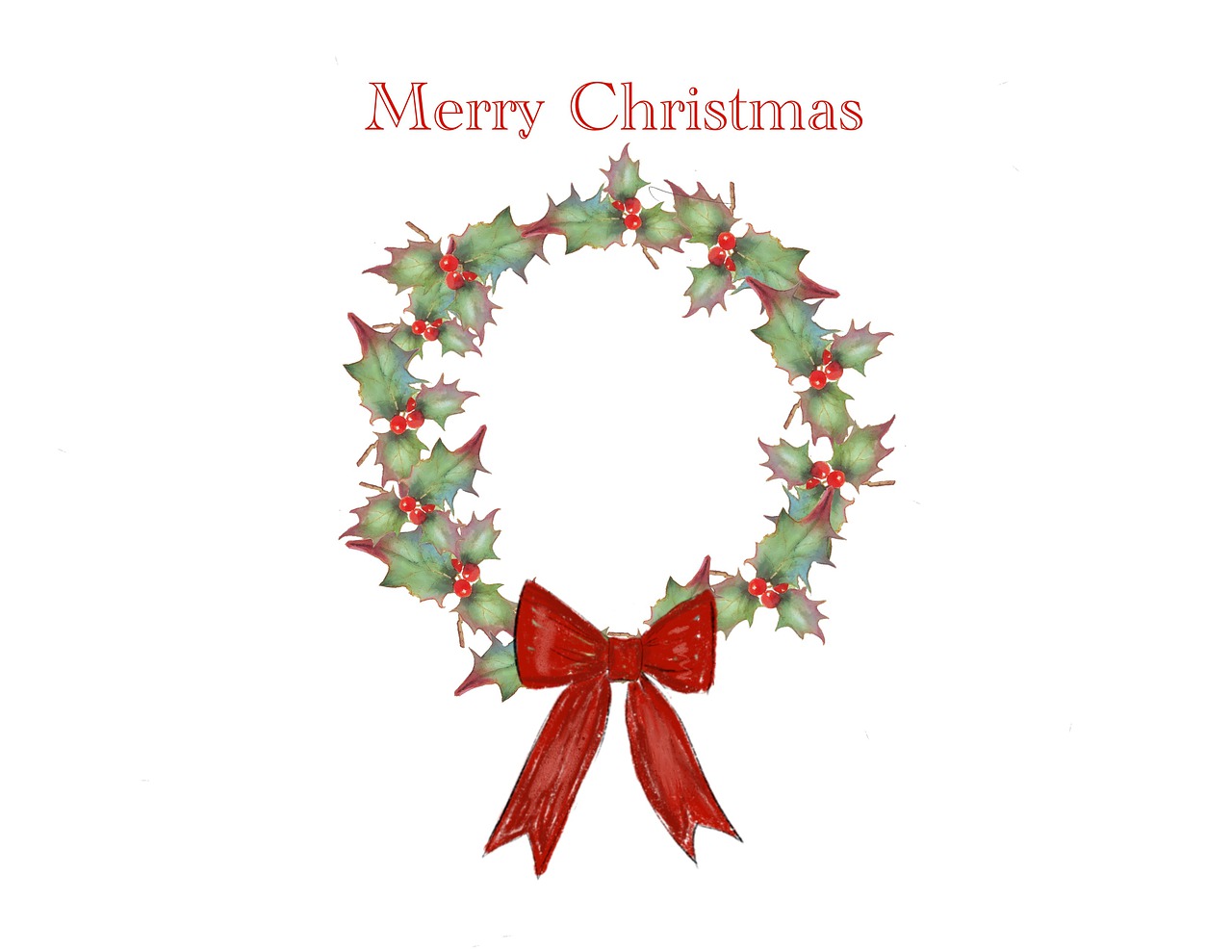 a christmas card with a red bow and holly wreath, by Carol Sutton, white bg, 1 6 x 1 6, high res, detail