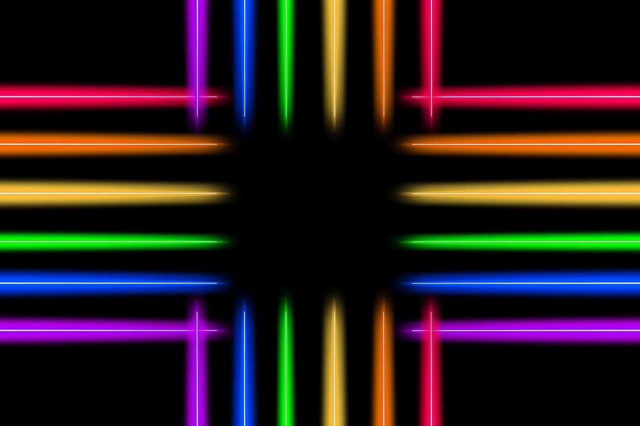 a cross made out of neon lights on a black background, a digital rendering, minimalism, rainbow stripe background, colorful hilt, strings background, background ( dark _ smokiness )