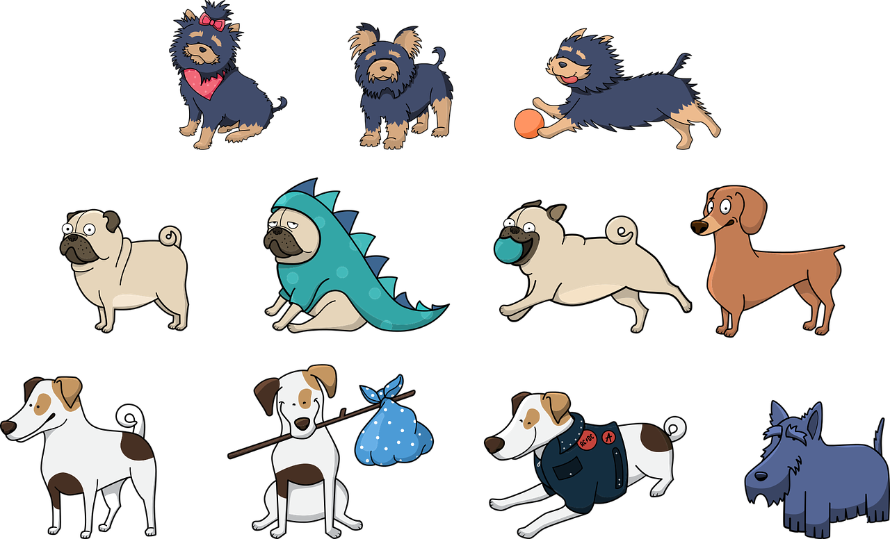 a bunch of cartoon dogs on a black background, concept art, shutterstock, outfit designs, icons, pug-faced, yorkshire terrier