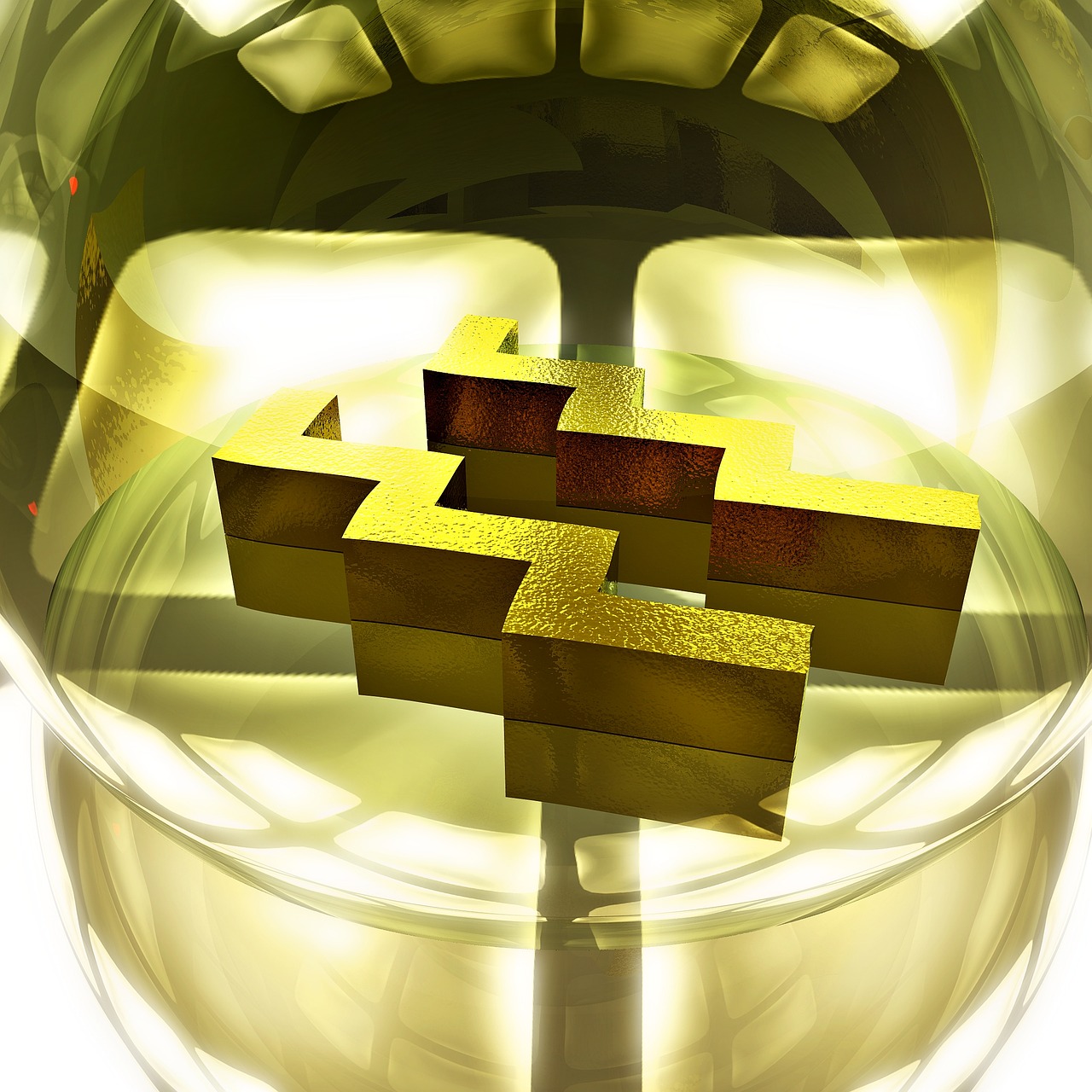a close up of a golden object in a glass, a digital rendering, deviantart, leviathan cross, reflection on helmet, computer generated, cubic