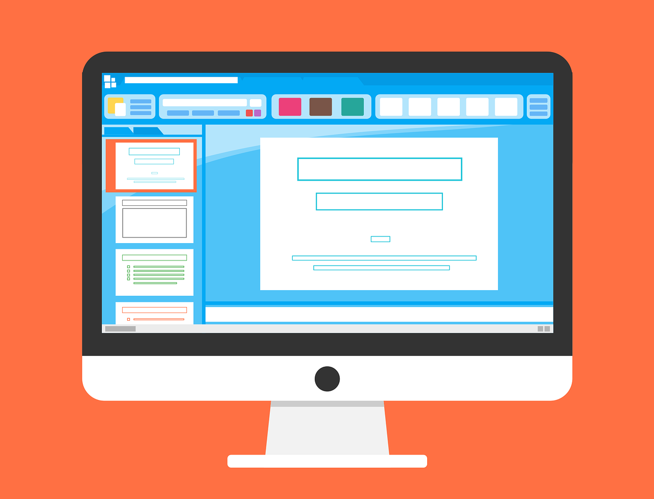 a computer monitor sitting on top of a desk, by Mirko Rački, trending on pixabay, computer art, blue and orange color scheme, vector technical documents, inside stylized border, red color theme