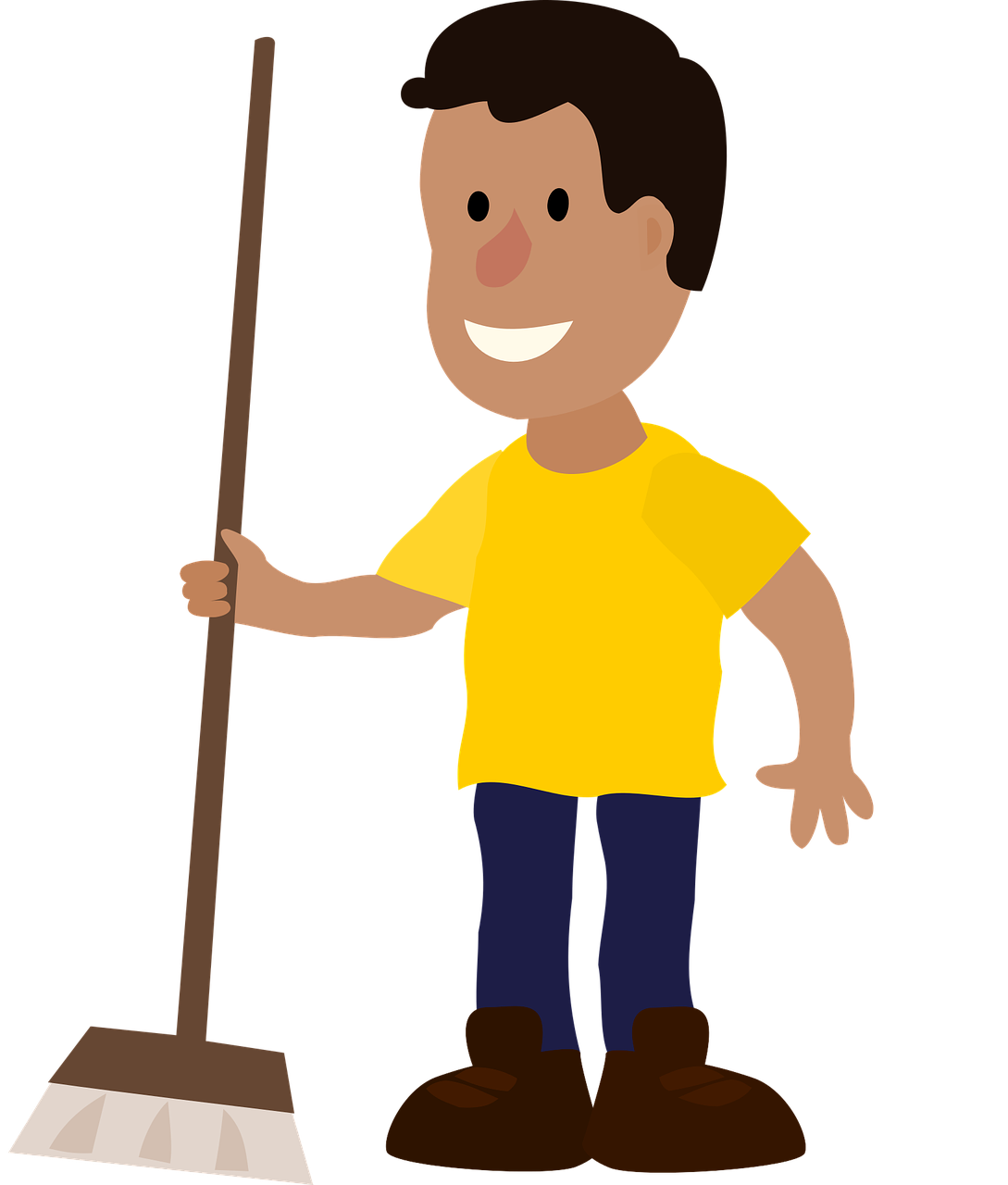 a man holding a broom in one hand and a broom in the other, a cartoon, inspired by Masamitsu Ōta, pixabay contest winner, naive art, toddler, standing with a black background, big shovel, hispanic