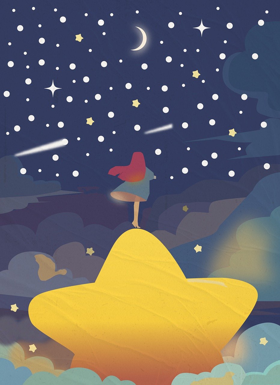 a person standing on top of a yellow star, concept art, tumblr, calm night. digital illustration, she is floating in the air, trending on cgstation, no gradients