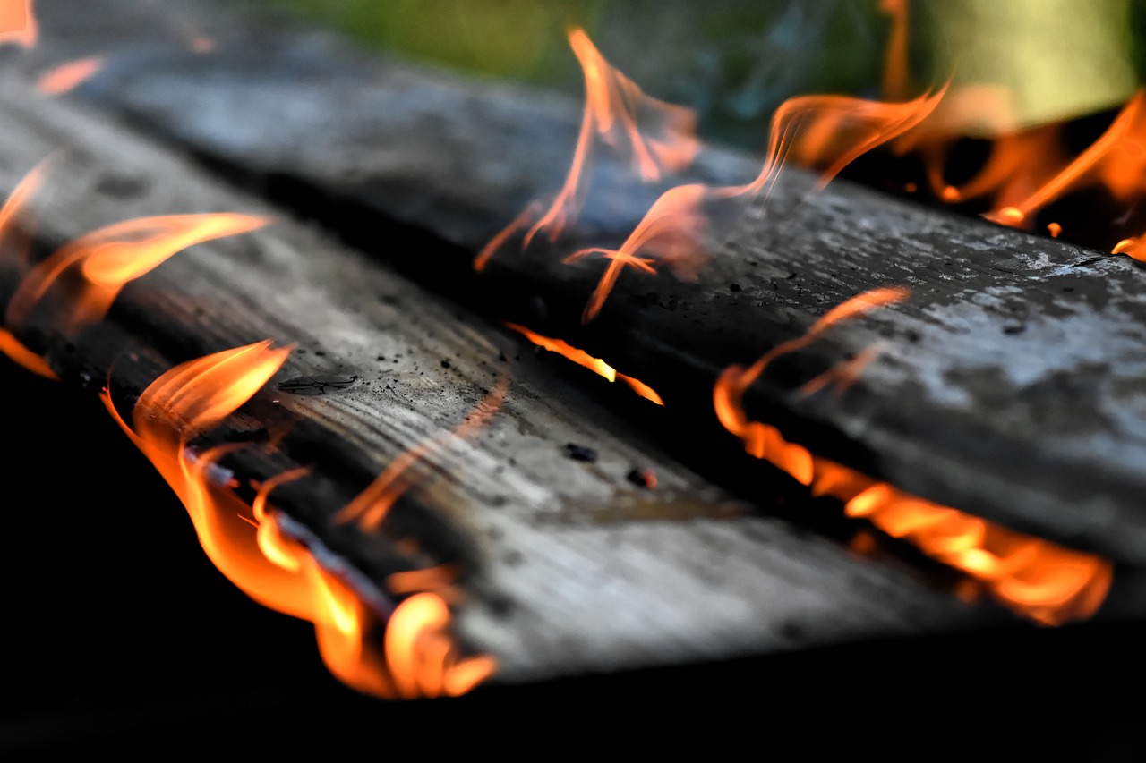 a close up of a fire on a grill, a picture, pexels, figuration libre, wood planks, variations, background image, a portal to the lost flame realm