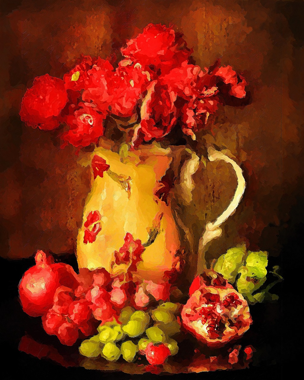 a painting of flowers and fruit on a table, a digital painting, by Marie Bashkirtseff, shutterstock contest winner, process art, pomegranade, digital painting - n 5, vase with flowers, impressionism style