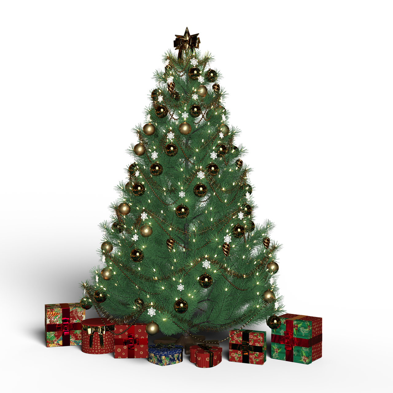 a christmas tree with presents around it, a raytraced image, with a black background, front facing shot, [ [ hyperrealistic ] ], 1 2 k