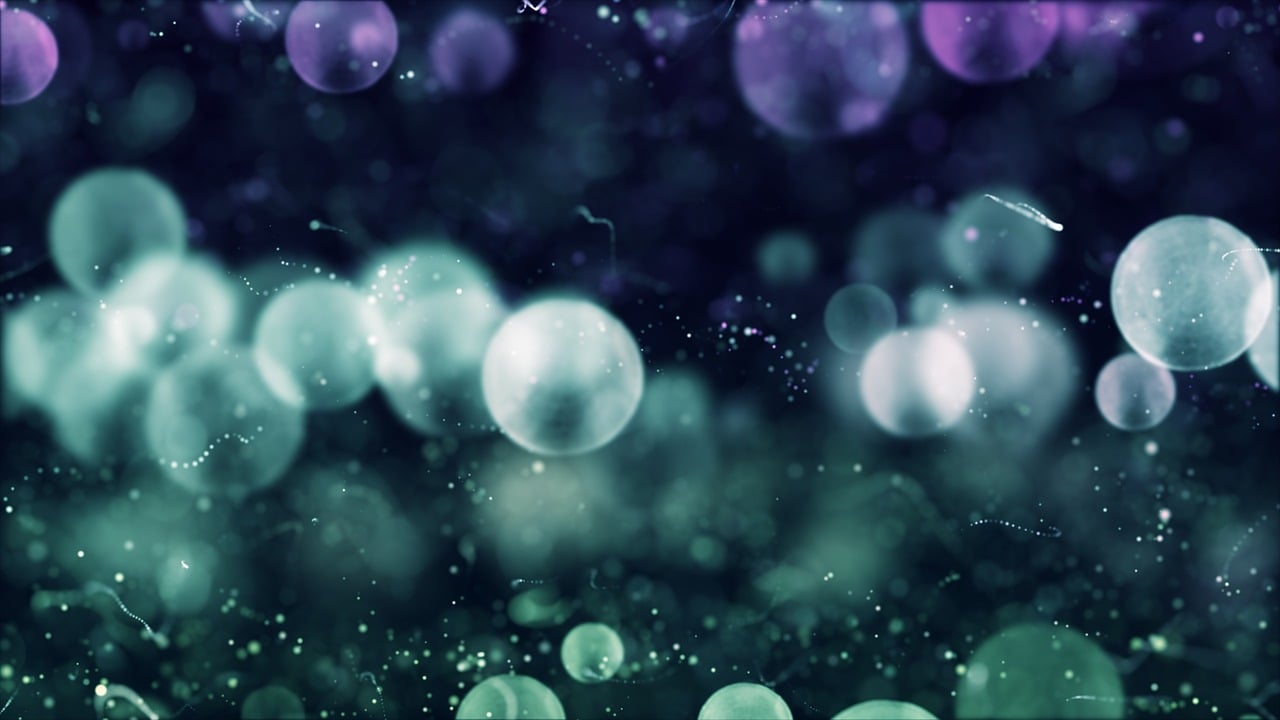 a bunch of bubbles floating in the air, digital art, inspired by Lorentz Frölich, flickr, digital art, macro bokeh ”, dark emerald mist colors, purplish space in background, music video