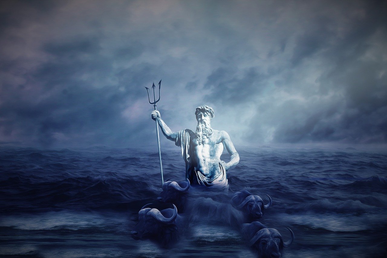 a statue sitting on top of a body of water, trending on pixabay, romanticism, the god poseidon, edited in photoshop, taurus zodiac sign symbol, symmetry!! portrait of hades