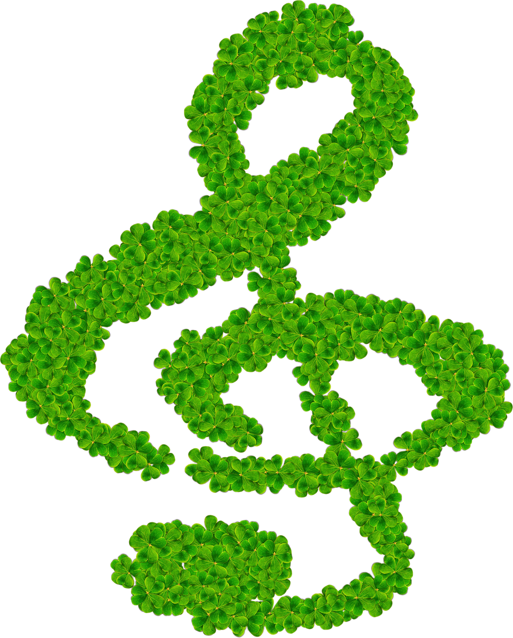 a treble made out of shamrock leaves, a digital rendering, generative art, piano guitar music notes key, spiralling bushes, bio chemical illustration, amusing