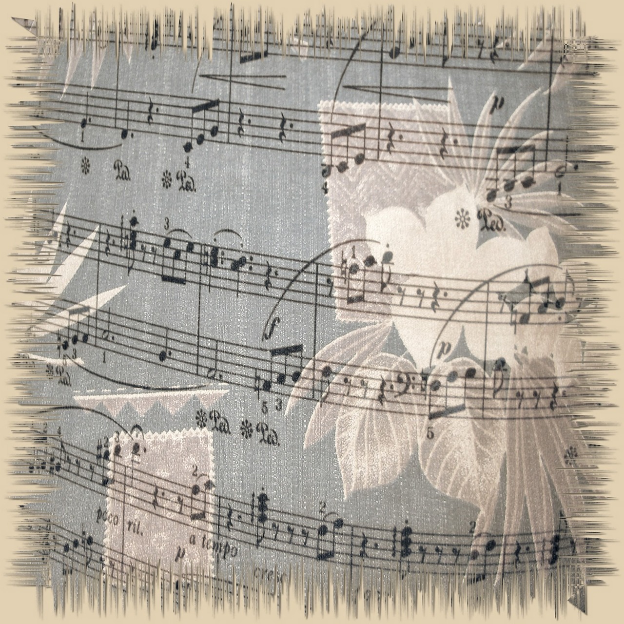 a close up of a sheet of music, inspired by Kawai Gyokudō, tumblr, retro style ”, tattered fabric, detailed ”