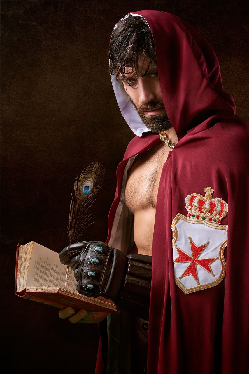 a man in a red cloak holding a book, a portrait, by Galen Dara, shutterstock, magic leather armor, diego fazio, wearing cross on robe, alexandros pyromallis