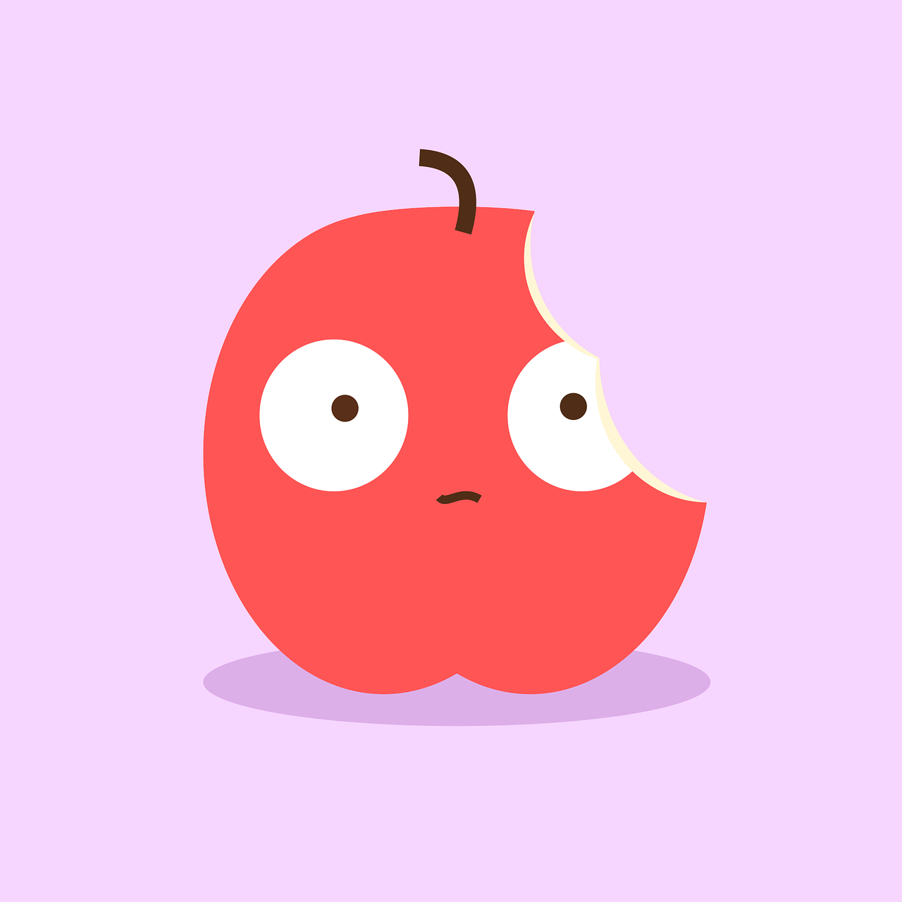 an apple with a bite taken out of it, vector art, by Goro Fujita, mingei, sad kawaii face, flat color, diseny animation style, crashed