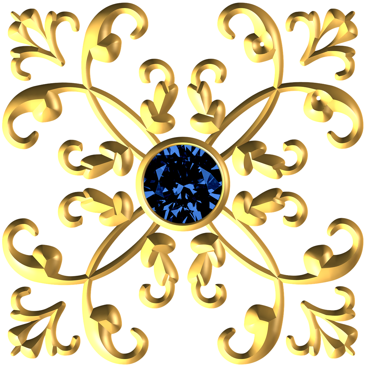a gold snowflake with a blue diamond in the center, a digital rendering, inspired by François Barraud, baroque, wrought iron, stylized material bssrdf, detailed carved ornaments, rendered in arnold