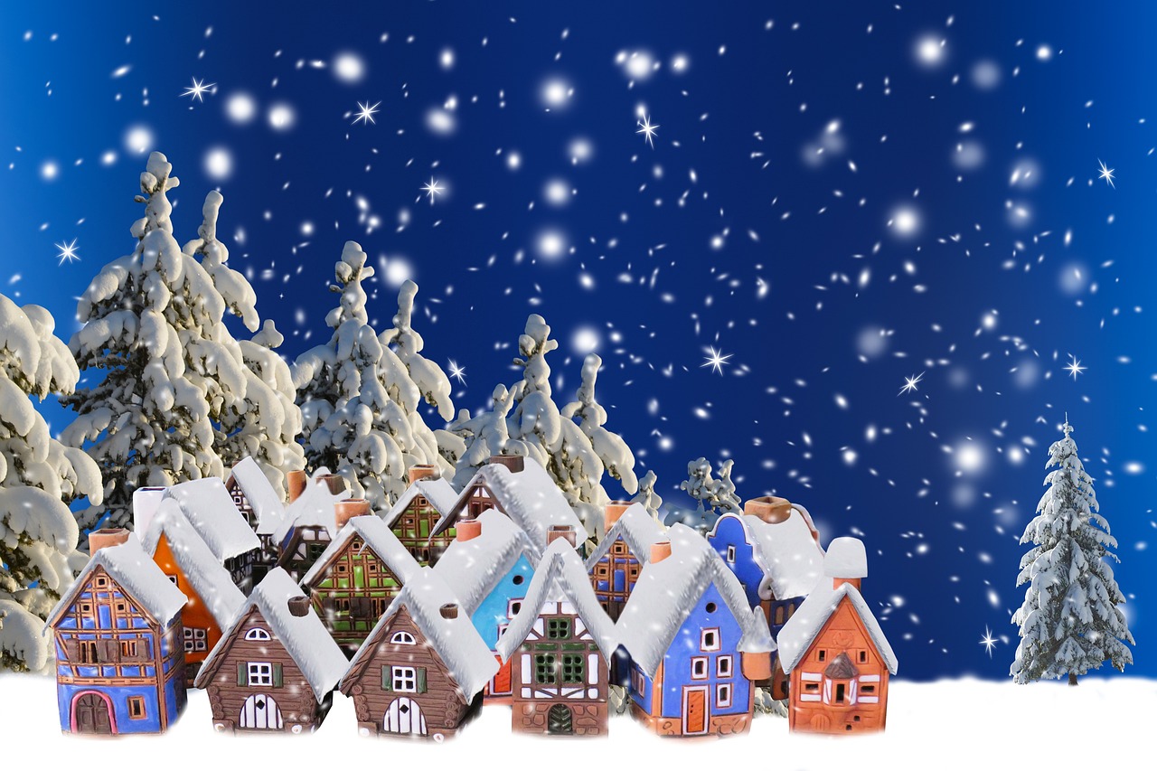 a group of houses sitting on top of a snow covered ground, a tilt shift photo, by senior artist, shutterstock, naive art, christmas night, advertising photo, photo photo, album photo