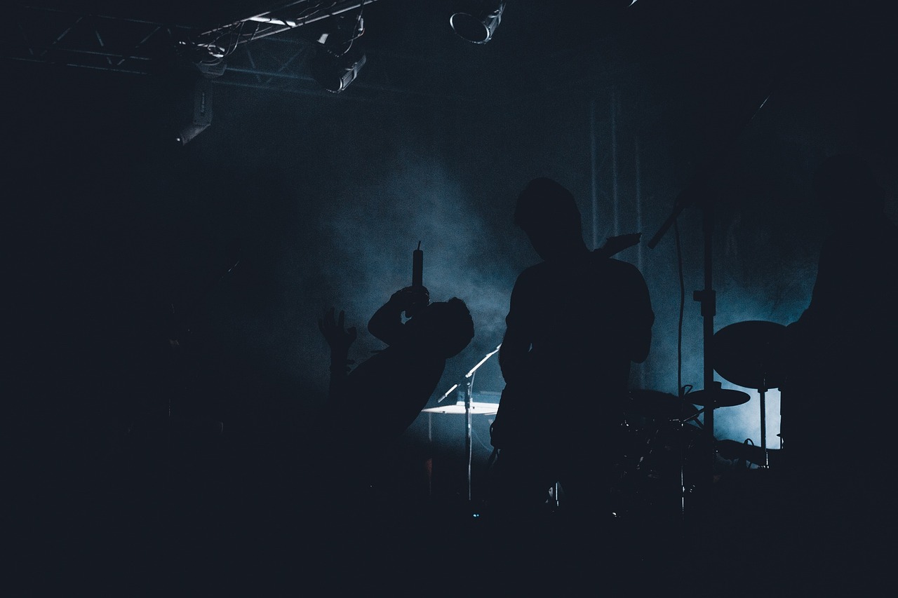 a group of people standing on top of a stage, a picture, pexels contest winner, bauhaus, cyberpunk black metal band, silhouette :7, crawling out of a dark room, 3 5 mm photo