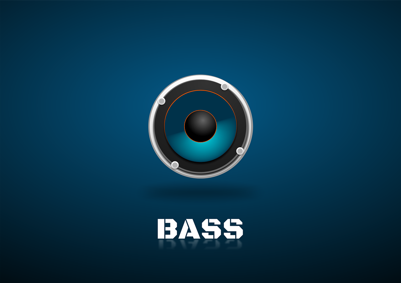 a close up of a speaker on a blue background, inspired by Bascove, vector illustration, bass, concept illustration, logo