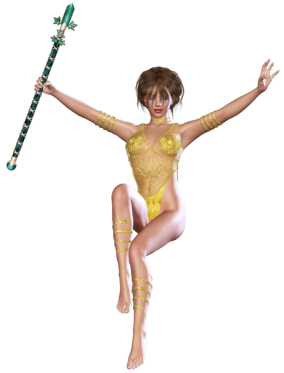 a woman that is in the air with a sword, inspired by Shog Janit, arabesque, shiny golden bikini, final render, hybrid from dynasty warriror, simba