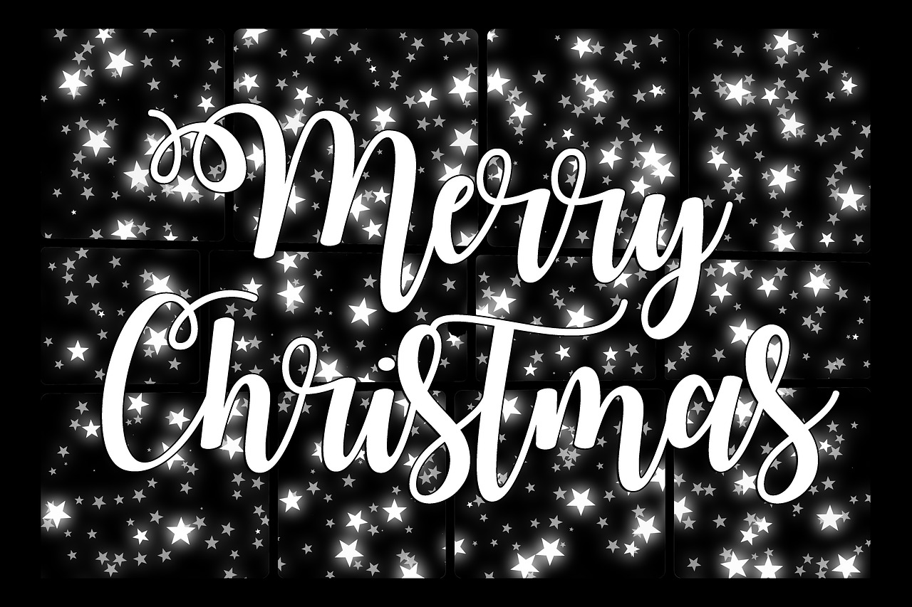 a merry christmas lettering on a black background, pixabay, fine art, stars background, black and white color scheme!!!, package cover, 👰 🏇 ❌ 🍃