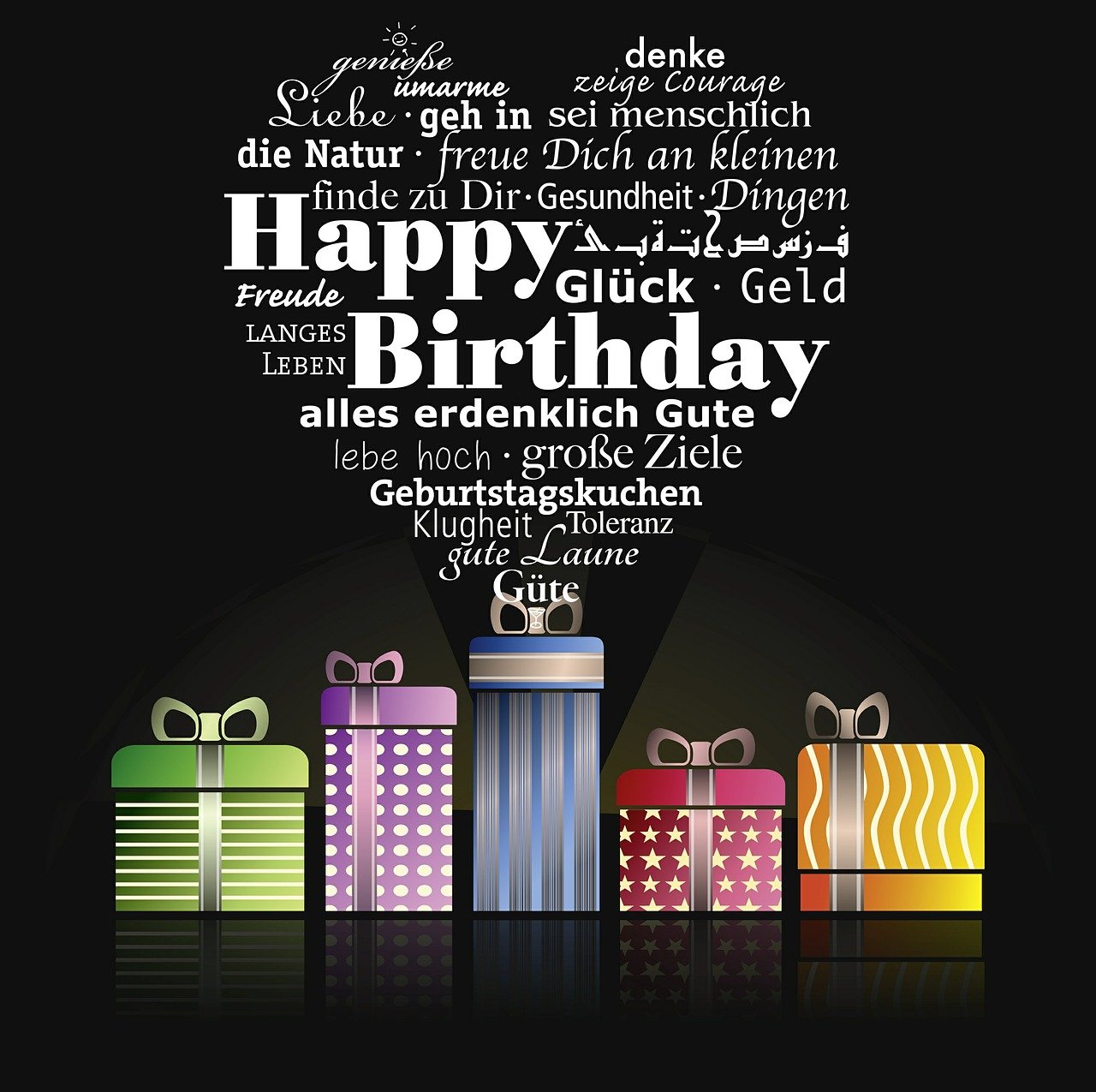 a bunch of presents sitting on top of a table, an illustration of, by Dietmar Damerau, shutterstock, bauhaus, birthday card, on black background, poster illustration, stock photo