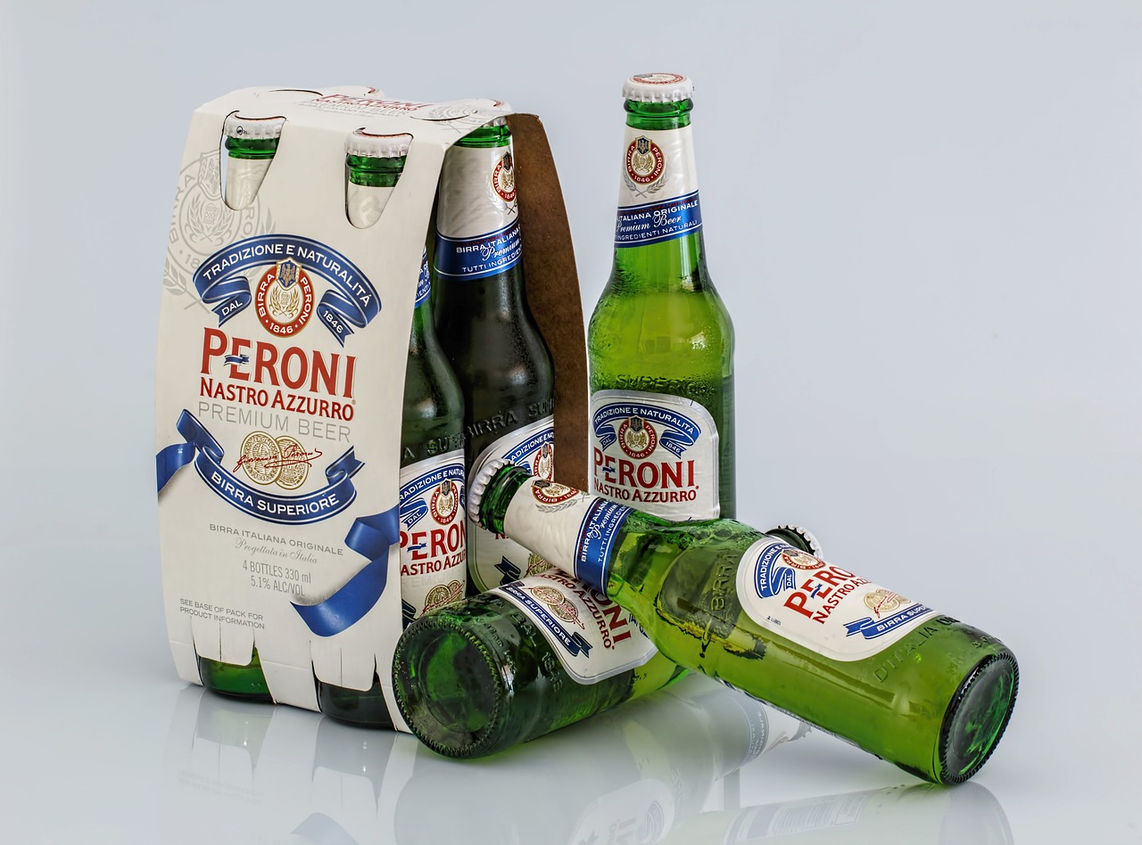 a couple of bottles of beer sitting next to each other, a photorealistic painting, by Aleksander Gierymski, professional product photography, petros and leonid, 6 pack, morandi