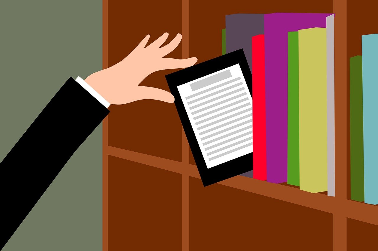 a person holding a tablet in front of a book shelf, an illustration of, close up angle, clipart, detailed shot