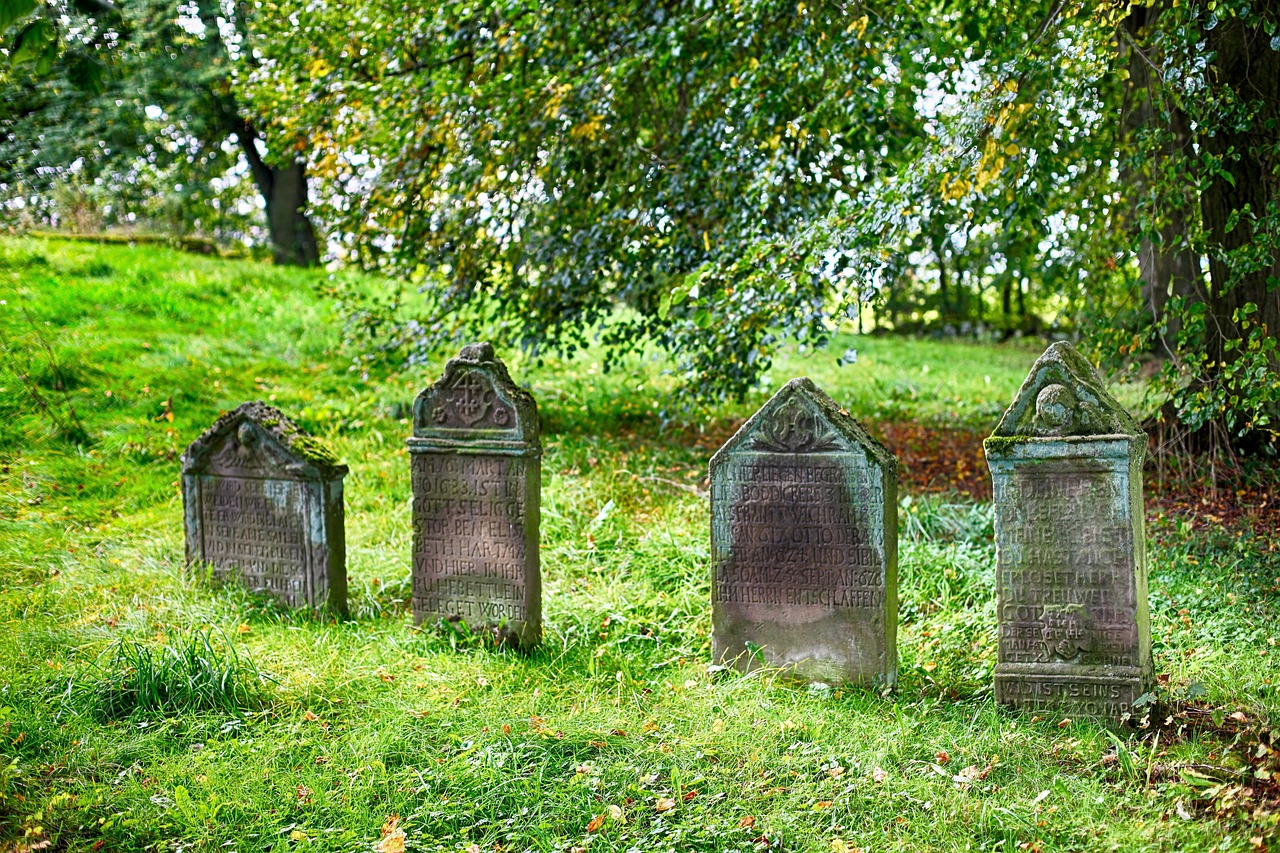 a group of tombstones sitting on top of a lush green field, by John Murdoch, yorkshire, worn, historical, wooden