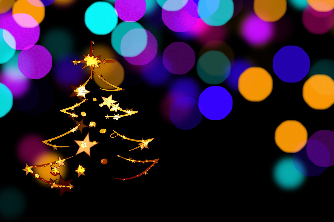 a close up of a christmas tree with lights in the background, flickr, process art, gold black and rainbow colors, rendered illustration, bokeh photo, istockphoto