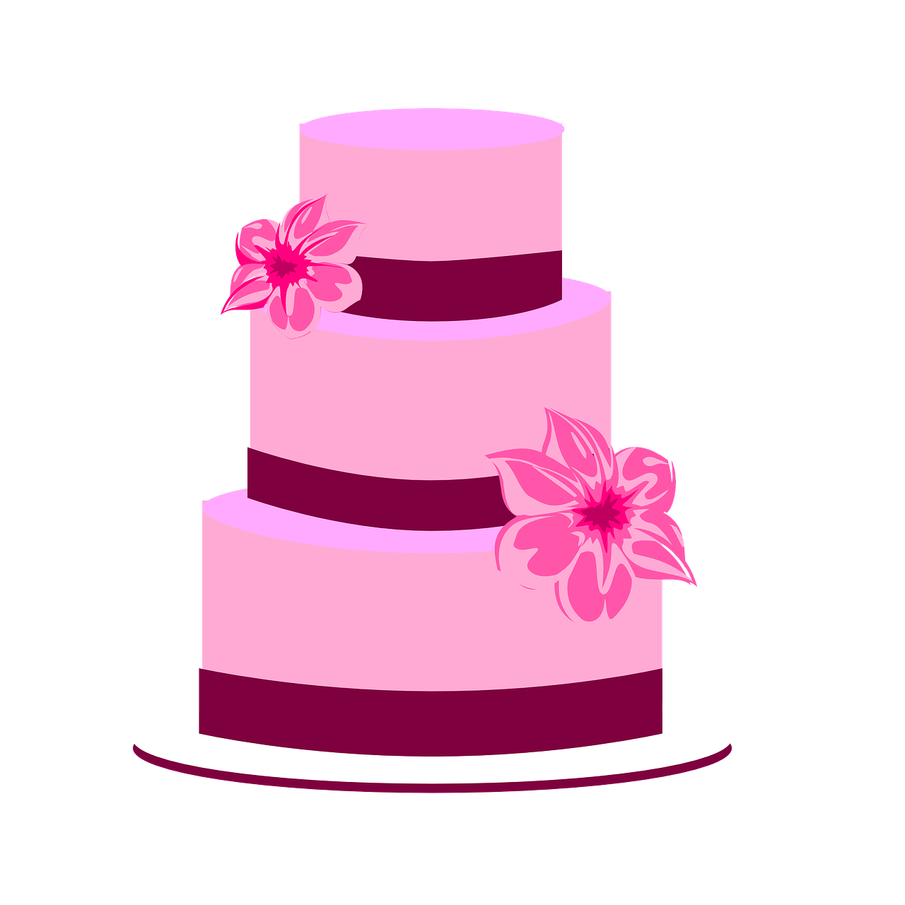 a three layer cake with pink flowers on top, a digital rendering, minimalism, vectorized, the background is black, plumeria, wedding