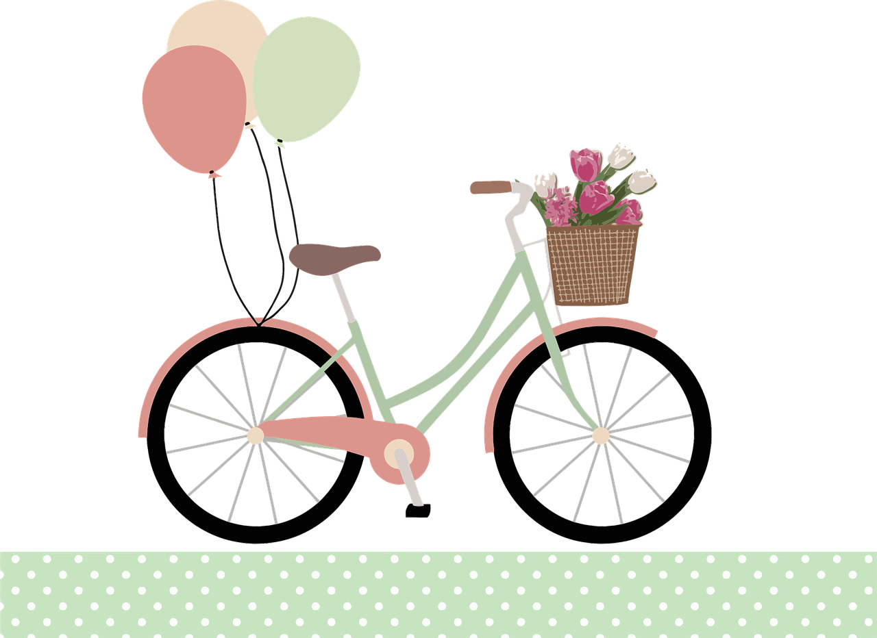 a bicycle with a basket of flowers and balloons, a digital rendering, pink and green, -step 50, polka dot, album cover